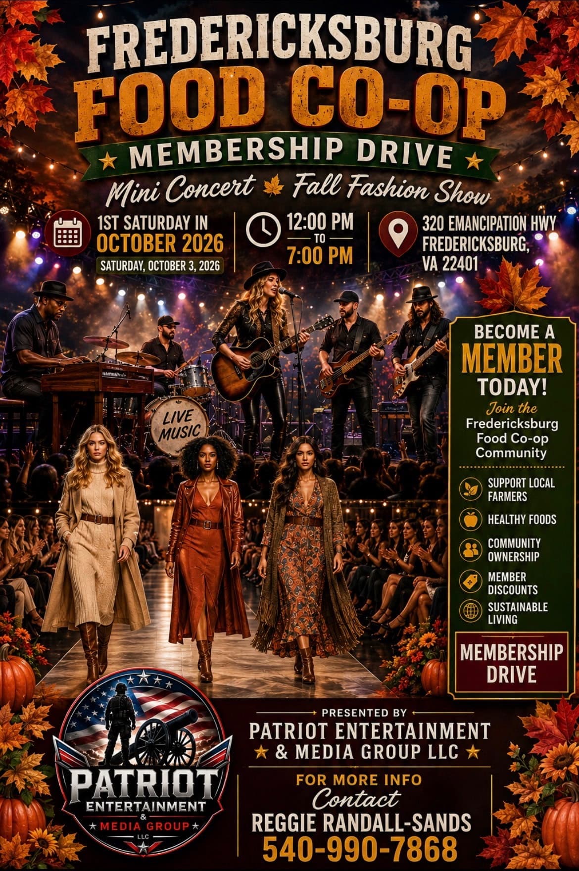 Fredericksburg Food Co-op Membership Drive with mini concert and fall fashion show, Saturday October 3 2026 at 320 Emancipation Highway, Fredericksburg, Virginia