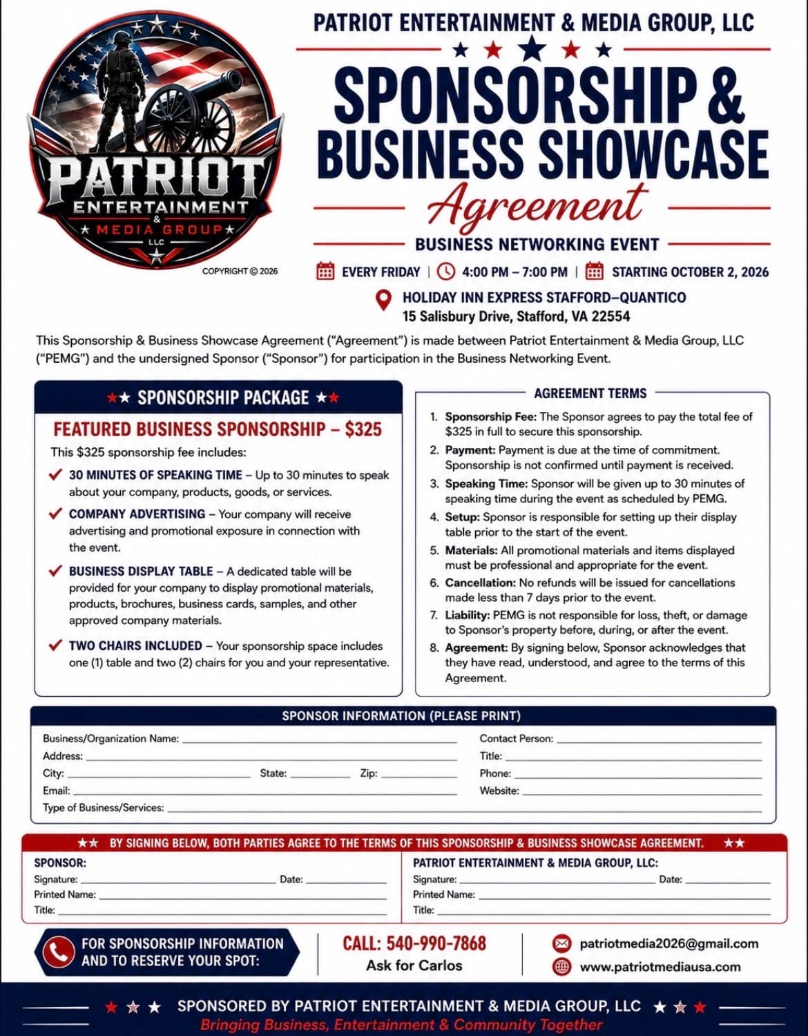 The photo is a glamorous Business Networking event and show. It advertises a women's evening wear show held every Friday  from 4-7 pm starting October 2, 2026 with food, spirits, music, and entertainment. Also includes vending tables and opportunities for businesses to showcase their products and services.